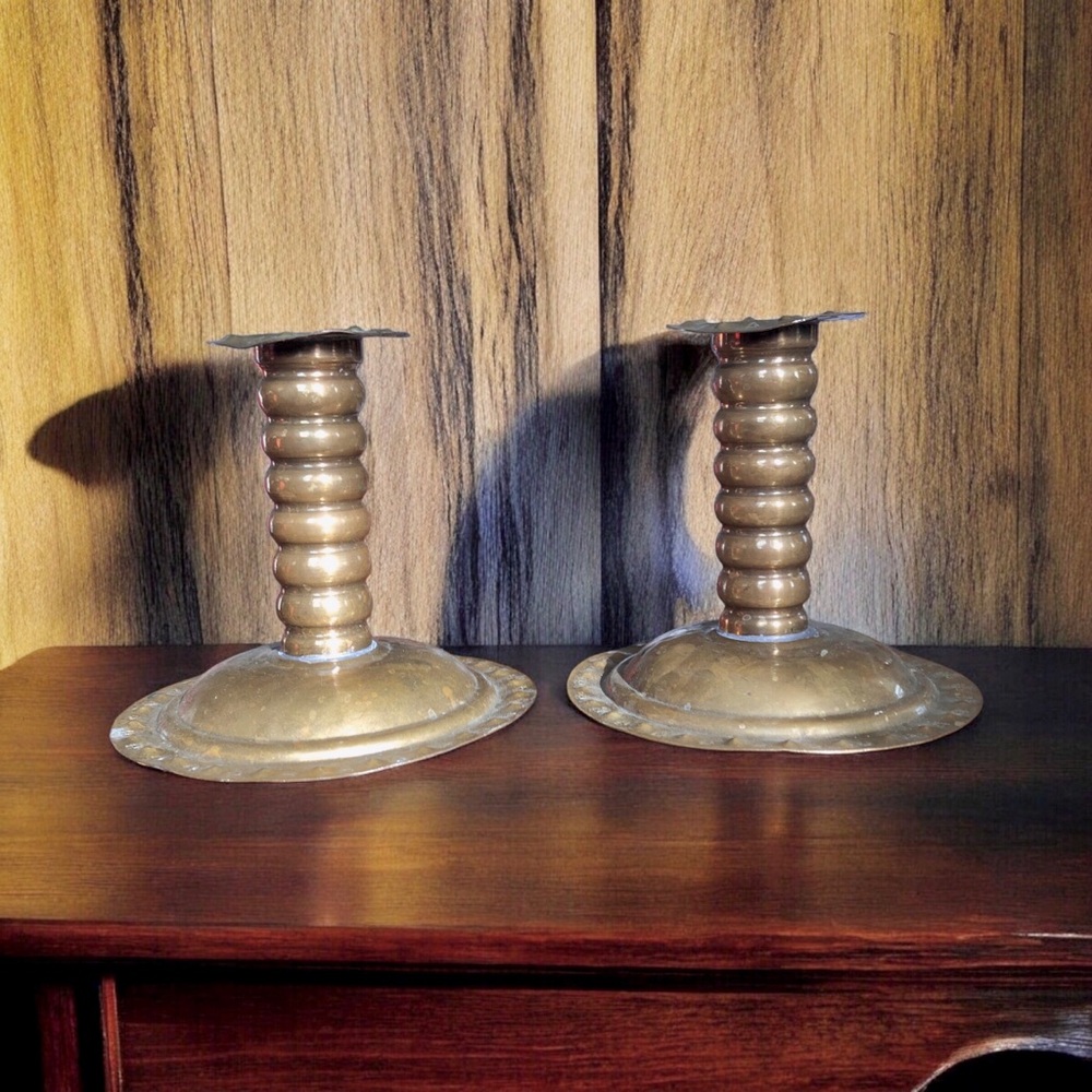 Vintage Mid Century Scandinavian Brass Candlesticks Spiral Hammered 6” Sweden